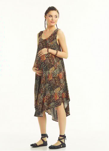 Khaki Patterned Scoop Neck Round Hem Sleeveless Maternity Dress